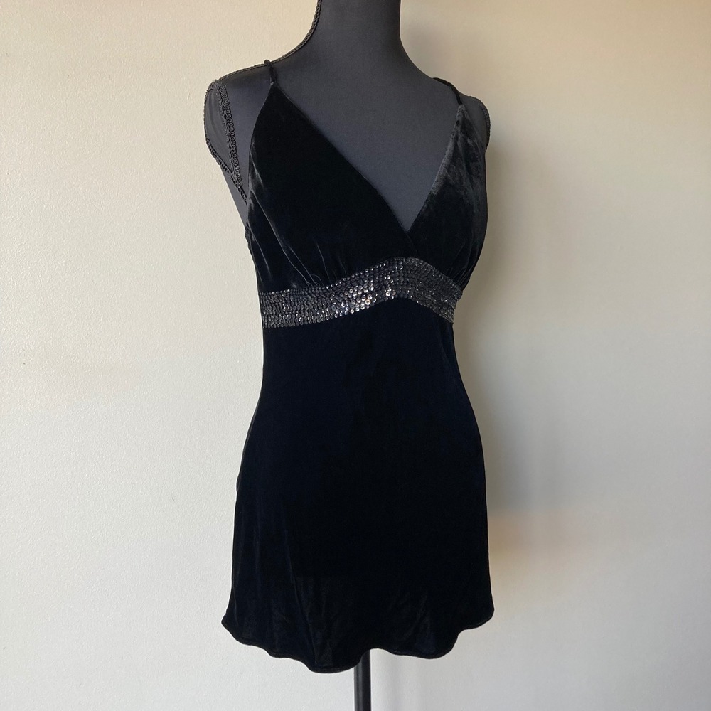 Express Vintage Black Silk Blend Velvet Sequin Empire Waist Tunic Top Womens M